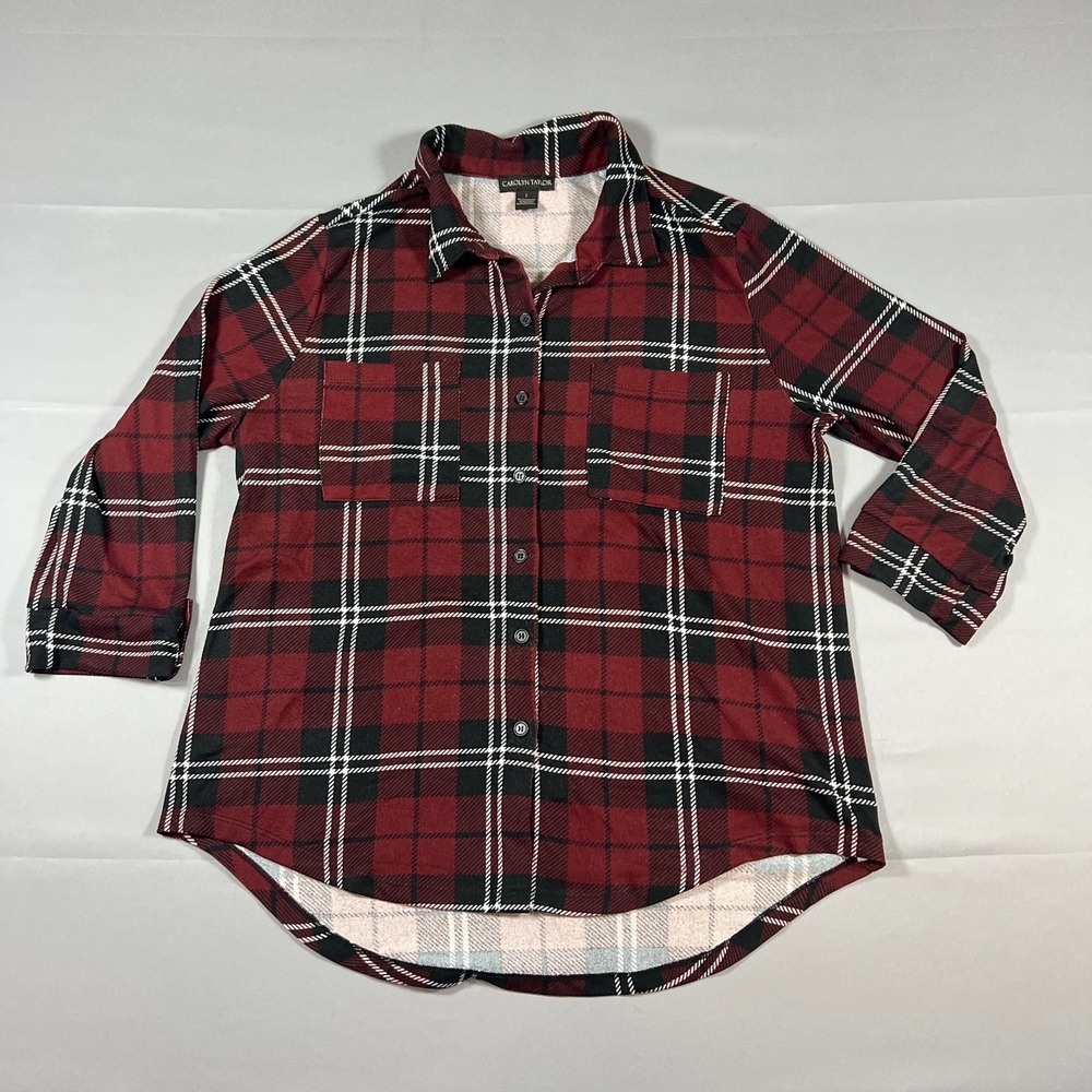 Carolyn Taylor Flannel Shirt Womens L Red Black Plaid Button Up Roll Tab Sleeve